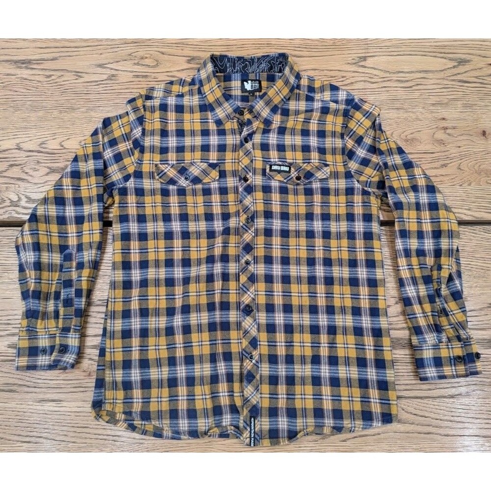 Dru Bru Mountain Made Men's Large Plaid Flannel Shirt Yellow Blue Brewery Cotton